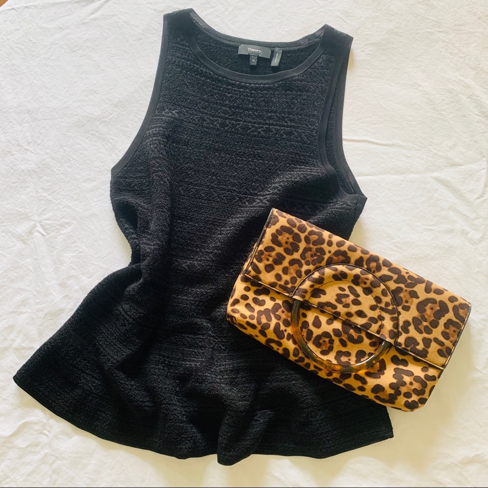 Theory Black Peplum Top, Sleeveless, Patterned